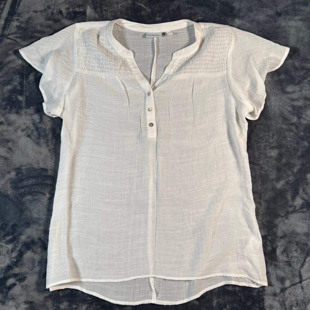 Kim Rogers White Gauze Henley Blouse Short Sleeve Rayon Blend Medium